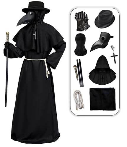 Mecamelon Kostüm für Erwachsene, Pestarzt, Halloween, Cosplay, mittelalterliches Mönch-Outfit, Umhang, Robe (schwarz, Größe M, Erwachsene) von Mecamelon