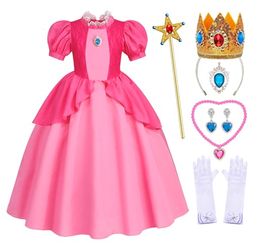 Mecamelon Rosa Prinzessin Pfirsich Kostüm für Mädchen Halloween Partykleid mit Zubehör (Rosa, 4-5 Jahre) von Mecamelon