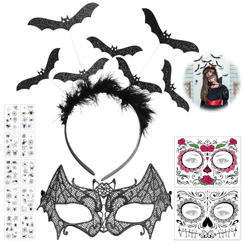 14 Stück Halloween Kostüm Accessoires, Halloween Haarreif, Fledermaus Haarreif, Schwarze Spitze Maske Augenmaske mit 2 Gesichtstattoos und 10 Tattoos Aufkleber, Fledermaus Haarband für Damen Mädchen von Mecctuck