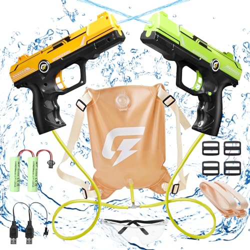 2 Stück Wasserpistole Elektrisch, Wasserpistole Kinder, Automatische Wasserpistole mit 2100CC Rucksack, Langstrecken Wasserspritzpistole Große Kapazität für Kinder Erwachsene Sommer Pool Strand Party von Mecctuck