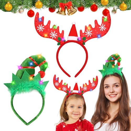 2 Stück Weihnachts Kopfschmuck,Weihnachten Stirnbänder,Haarreif mit LEDs,Leuchtende Haarreif,Weihnachtsmütze Kopfbedeckung Rentier Geweih Haarreif,Weihnachtsstirnband Rot Grün für Kinder Erwachsene von Mecctuck