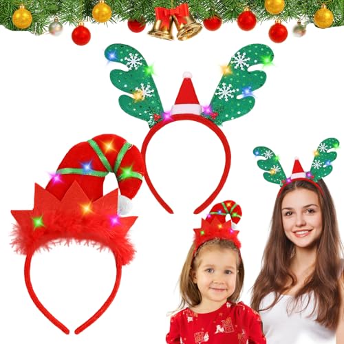 2 Stück Weihnachts Kopfschmuck,Weihnachten Stirnbänder,Haarreif mit LEDs,Leuchtende Haarreif,Weihnachtsmütze Kopfbedeckung Rentier Geweih Haarreif,Weihnachtsstirnband Rot Grün für Kinder Erwachsene von Mecctuck