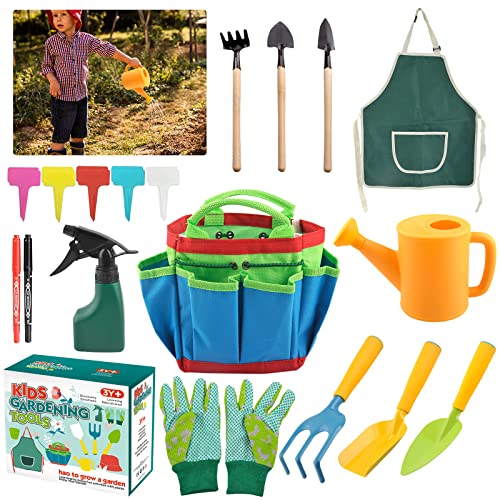 23 Stück Gartenwerkzeug für Kinder, Gartengeräte für Kinder Set, Kinder Gartenhandschuhe, Kinderspielzeug mit Gießkanne Schaufel Rechen Spaten Schürze, Gartengerät Spielzeug für Kinder Jungen Mädchen von Mecctuck