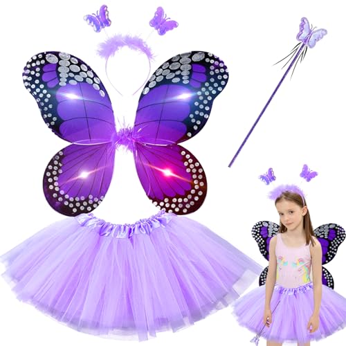 4-teiliges Schmetterling Kostüm Kinder,Tüllrock Mädchen,Verkleidungskiste für Kinder,Kostüm Mädchen,Feenkostüm Flügel Kinder,Fee Kostüm Fairy Costume mit Schmetterlingsflügel Haarreif für Karneval von Mecctuck