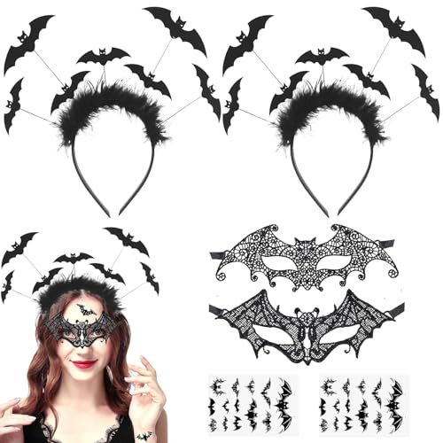 6 Stück Halloween Haarreif Set, Fledermaus Haarreif, Halloween Maske Augenmaske Haarreifen Haarschmuck Stirnband mit Fledermaus Tattoos Aufkleber, Fledermaus Haarband Accessoires für Damen Kinder von Mecctuck