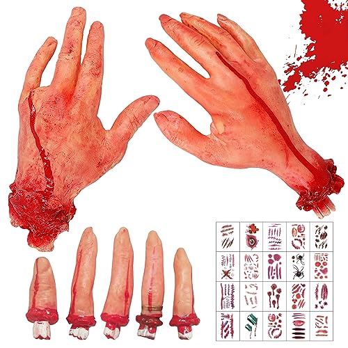 7 Stück Halloween Blut Requisiten, Gefälschter Daumen Finger Simuliert, Abgetrennte Finger, Haunted House Party Supplies mit 20 Halloween Tattoos, Gebrochene Körperteile für Spukhaus Zombie Party Deko von Mecctuck