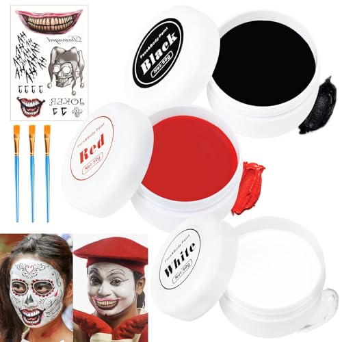 Halloween Clown Makeup, Gesicht Körperfarbe, Makeup Spezialeffekte Farben Set, 150g Gesichtsfarbe mit 3 Schminkpinsel + Halloween Tattoo für Clown Zirkus Joker Cosplay SFX Spezialeffekt Make Up von Mecctuck