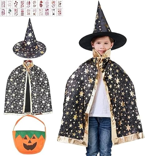 Kinder Halloween Kostüm, Zauberer Kostüm Kinder, Halloween Kostüm Kinder, Zauberer Kostüm Kinder Umhang, Hexe Kostüm Kinder mit Hexenhut Kürbis Candy Bag Tattoos für Halloween Karneval Cosplay von Mecctuck