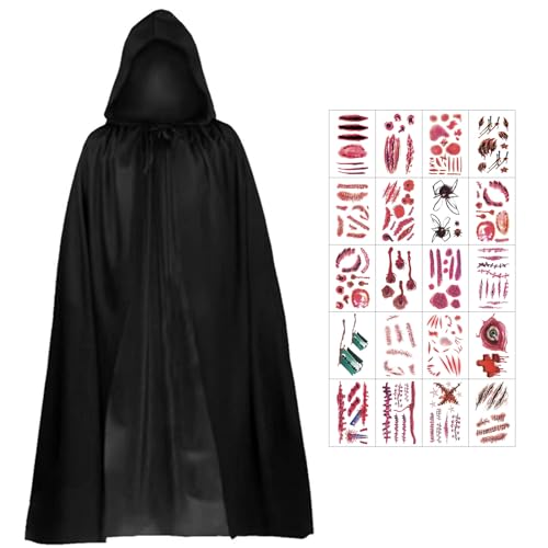 Halloween Kostüm, 120CM Sensenmann Kostüm, Halloween Umhang Kinder, Vampir Kostüm, Schwarz Umhang mit Kapuze, Halloween Costume mit 20 Tattoos, Unisex Kostüm für Halloween Party Dekoration Cosplay von Mecctuck