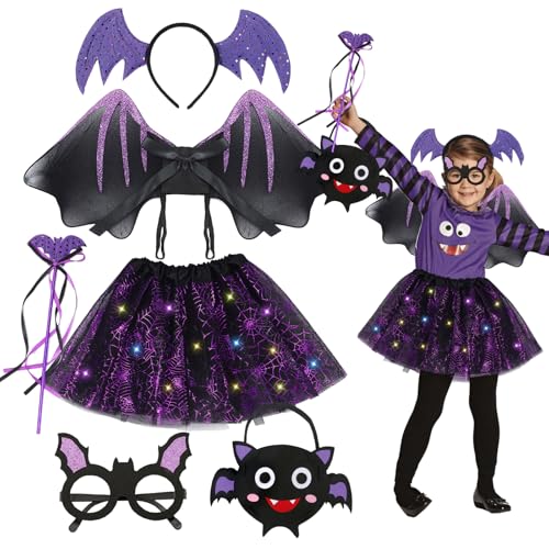 Halloween Kostüm, 6tlg Kostüme für Kinder, LED Halloween Fledermaus Kostüm Mädchen, Fledermaus Flügel Kostüm mit Tüllrock Flügel Zauberstab Haarreif Maske für Kinder Cosplay Party Halloween Karneval von Mecctuck