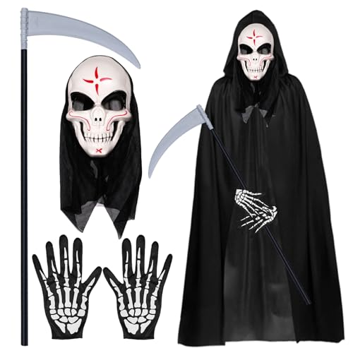 Halloween Kostüm, Halloween Gesicht Maske, 140CM Umhang mit Kapuze Cape, Vampir Kostüm Umhang mit Ghost Festival Horror Maske Skelett Handschuhe Sense des Todes für Halloween Party Dekoration Cosplay von Mecctuck