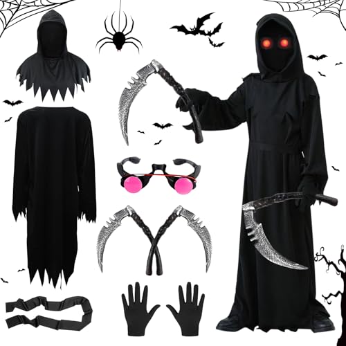 Halloween Kostüm, Kostüm Kinder, 120CM Sensenmann Kostüm mit Doppelsensen, Kostüme Halloween mit Leuchtend Rote Augen,Schwarz Scream Umhang Sense des Todes für Halloween Cosplay Kinder von 6-12 Jahren von Mecctuck