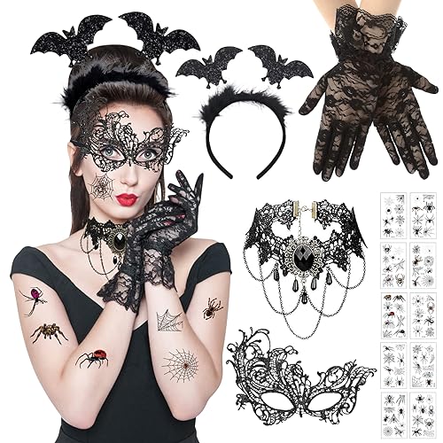 Halloween Kostüm Damen, Halloween Masken Kostüm, Fledermaus Haarreif, Lace Venezianische Masken, Spitze Handschuhe, Haarband Accessoires, Gothic Halskette Set für Halloween Maskenball (5 Stück) von Mecctuck