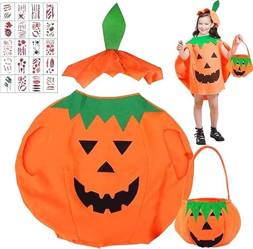 Halloween Kostüm, Kinder Kürbis Kostüm, Karnevals Kostüme, Kürbiskostüm Halloween mit Kürbis Candy Bag und 20 Halloween Tattoos, Kürbis Umhang mit Hut Mütze für Kinder Jungen Mädchen von Mecctuck