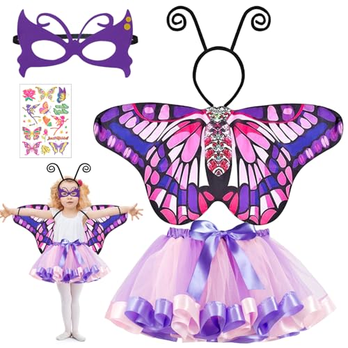 Kostüm Kinder, 5-teiliges Schmetterling Kostüme Kinder, Faschingskostüme Kinder, Kostüm Mädchen, Feenkostüm Mädchen, Feen Kostüm Fairy Costume mit Schmetterlingsflügel Haarreif Maske für Karneval (B) von Mecctuck