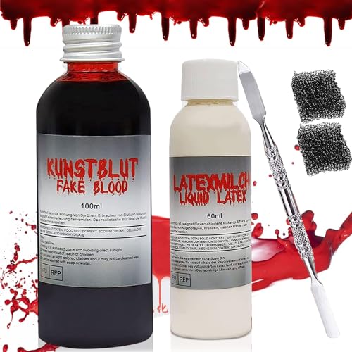 Kunstblut, Kunstblut Halloween, Kunstblut Filmblut Blut, Kunstblut Künstliches Blut 100ml Latexmilch 60ml mit 2 Make up Schwamm und Spatel, Auswaschbar für Halloween Horror Zombie Schminke von Mecctuck