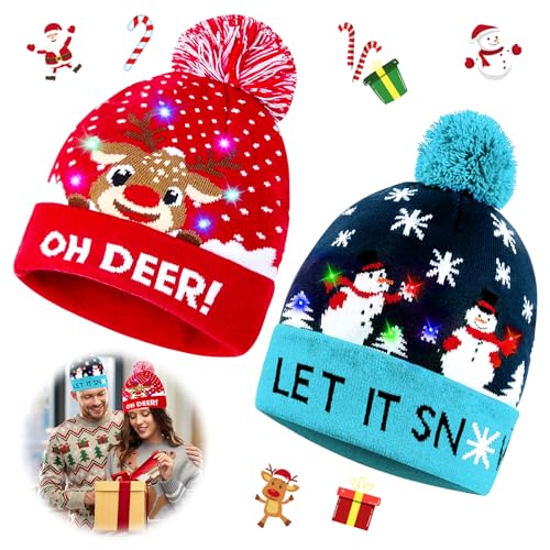 Mecctuck Weihnachtsmütze Kinder, 2 Stück Mütze mit LED Licht Kinder, Weihnachtsmann Mütze, Nikolausmütze, LED Mütze Kinder, Christmas Hat, Weihnachtsmützen Einheitsgröße für Erwachsene und Kinder von Mecctuck