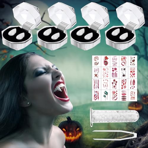 8 Stück Vampir Zähne, Vampirzähne, Halloween Vampir Zähne Gefälschte Zahnersatz, 4 Größen Vampire Teeth mit Pellets Klebstoff und 20 Temporäre Tattoos, Vampire Fangs für Halloween Cosplay Party Kostüm von Mecctuck