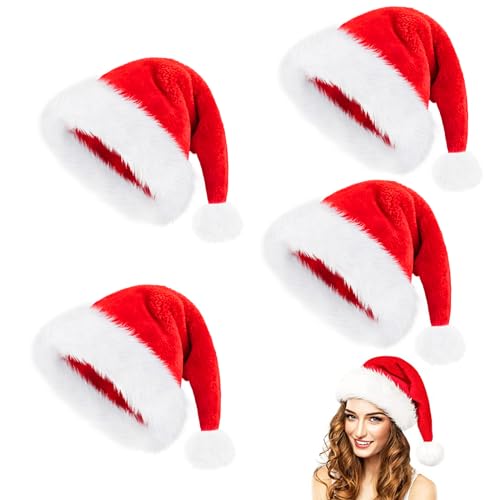 Weihnachtsmütze, 4 Stück Nikolausmütze Plüsch, Weihnachtsmützen Erwachsene, Weihnachtsmann mütze, Wintermütze Weihnachts Mütze, Christmas Rote Santa Hat für Weihnachten Neujahrs Geschenk Deko von Mecctuck