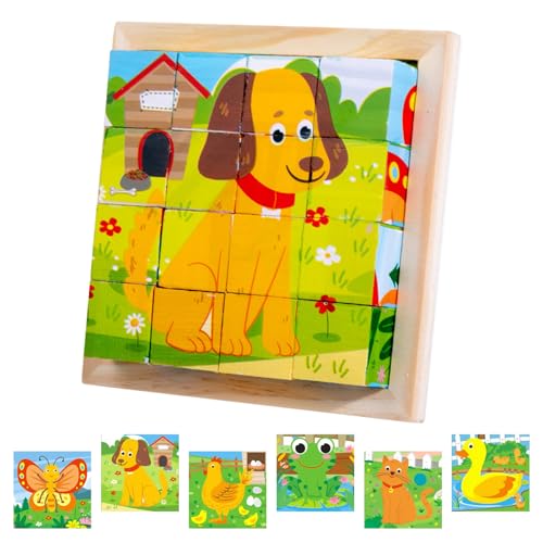 Würfelpuzzle Holz, Bilderwürfel Holz, 3D Bilderwürfel Puzzlespiele 6 in 1 Würfelpuzzle, Lernspielzeug Holzspielzeug für Kinder ab 1 2 3 4 Jahren, Montessori Stapelspiele für Kinder Jungen Mädchen von Mecctuck