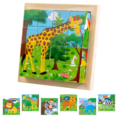 Würfelpuzzle Holz, Bilderwürfel Holz, 3D Bilderwürfel Puzzlespiele 6 in 1 Würfelpuzzle, Lernspielzeug Holzspielzeug für Kinder ab 1 2 3 4 Jahren, Montessori Stapelspiele für Kinder Jungen Mädchen von Mecctuck