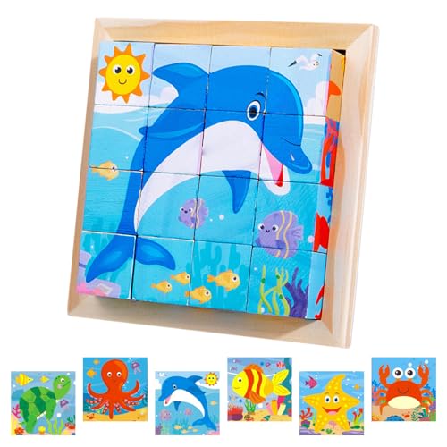 Würfelpuzzle Holz, Bilderwürfel Holz, 3D Bilderwürfel Puzzlespiele 6 in 1 Würfelpuzzle, Lernspielzeug Holzspielzeug für Kinder ab 1 2 3 4 Jahren, Montessori Stapelspiele für Kinder Jungen Mädchen von Mecctuck