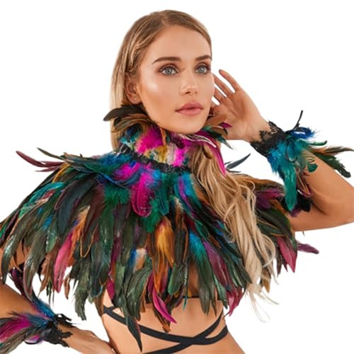 Mednkoku Feathers Cape Federn Schal mit 2 Armband 3pcs/Set Bunt Halloween Federn Cape mit Krawattengurt realistische gotische Federn Kragen für Party, Kostüm, Cosplay von Mednkoku