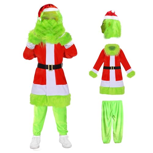 Grünes, pelziges Monsterkostüm für Kinder, 5-teilig, mit Maske, Handschuhen, pelzig, mehr für Weihnachtskostüme für Kinder (Groß) von Meekio