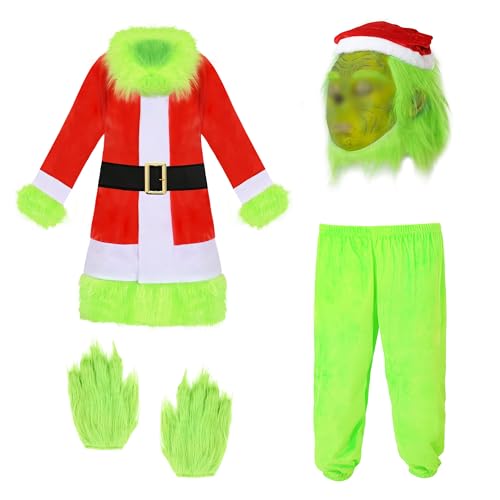 Grünes, pelziges Monsterkostüm für Kinder, 6-teilig, mit Maske, Handschuhen, pelzig, mehr für Weihnachtskostüme für Kinder (Klein) von Meekio