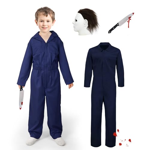 Halloween Michael Myers Kinder-Set: Kostüm, Maske, Anzug, Overall, Requisiten Messer, für Jungen & Mädchen (Bule, Large) von Meekio