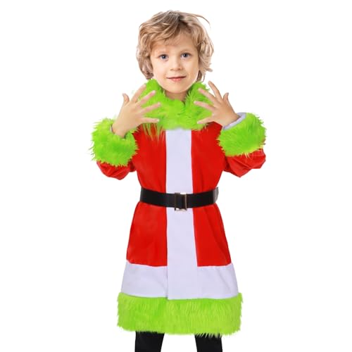 Meekio Green Monster Costume gri-nch kids, Furry Green Big Monster Costume Christmas Deluxe Santa Claus Costume Grünes pelziges großes Monster-Kostüm für Kinder, Weihnachten, 4-teilig von Meekio