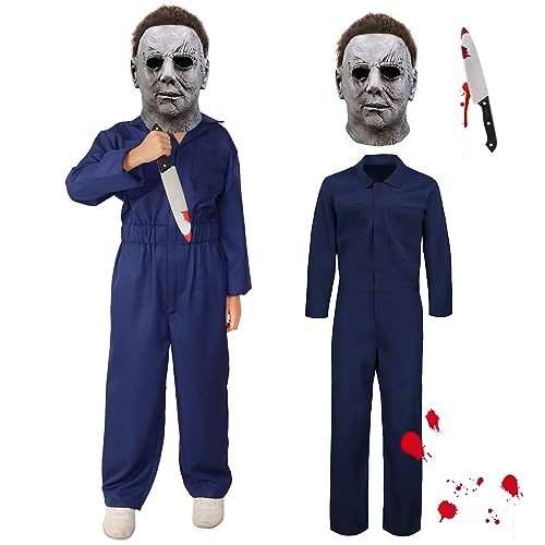 Michael Myers Kostüm Maske Kinder Jungen Horror Killer Overall Gruseliges Mechaniker Weihnachten Halloween Michael Myers Cosplay Kostüm Requisiten 1*Overall+1*Maske+1* Klassiker Requisiten(Medium) von Meekio