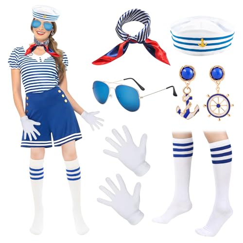 Faschingskostüm Matrosen Kostüm Damen Set,Kostüm Matrosin Kapitänsmütze + Lange Socken Weiße Blau Streifen+Sailor Schal Handschuhe+Ruder Ohrringe und Brille,Party Fashion Zubehör für Karneval- 6 Stk von Meemion