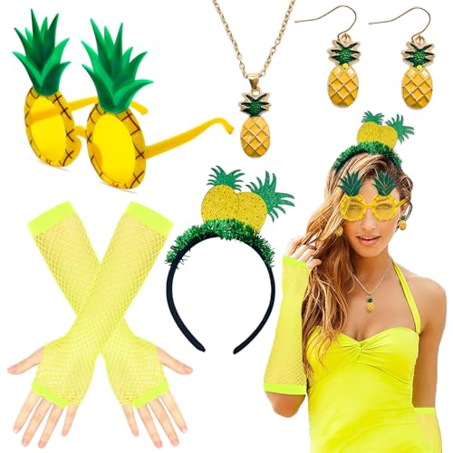 7 Tlg Ananas Kostüm Damen, Ananas Kostüm Set, Ananas Haarreif, Ananas Ohrringe, Ananas Halskette, Partybrille Ananas, Lustige Sonnenbrille, Hawaii Kostüm Accessoire, Ananas Party, für Karneval von Meemion