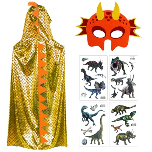 Dinosaurier Kostüm Umhang Kinder, Halloween Dinosaurier Umhang, Dinosaurier Umhang mit Dinosaurier Maske für Mädchen Jungen Halloween Fasching Karneval Cosplay Maskerade(Gold) von Meemion