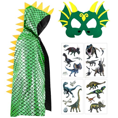 Dinosaurier Kostüm Umhang Kinder, Halloween Dinosaurier Umhang, Dinosaurier Umhang mit Dinosaurier Maske für Mädchen Jungen Halloween Fasching Karneval Cosplay Maskerade (Grün) von Meemion