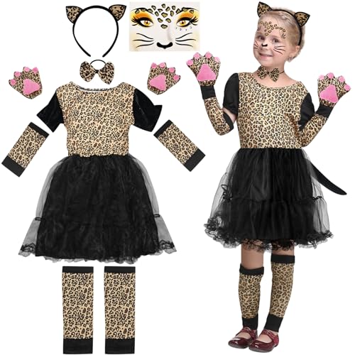 Leopard Kostüm Kinder Mädchen 10 Stück, Leopard Rock Kinder mit Leopardenohren Haarreif, Beinstulpen, Krawatte, Tattoo Aufkleber, Leopard Verkleiden Set für Karneval Halloween Motto Party von Meemion