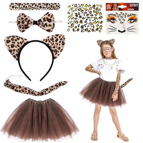 Leopard Kostüm Kinder Mädchen 7 Stück, Tierkostüm Kinder mit Leopardenohren Haarreif, Katzenschwanz, Krawatte, Tattoo Aufkleber, Leopard Verkleiden Set für Karneval Halloween Motto Party von Meemion