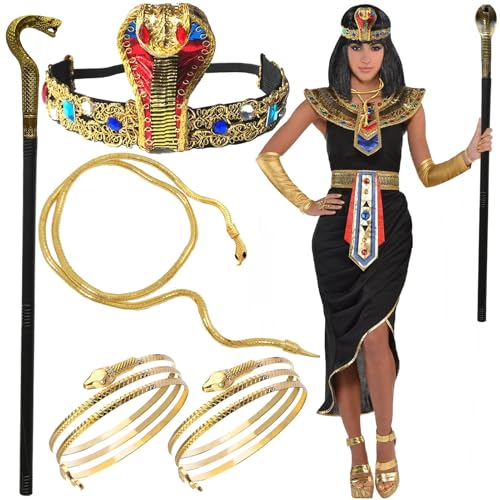 5 Stück Ägyptisches Kostüm Zubehör, Schlangen Zepter, Ägyptische Kobra Kopfbedeckung, Goldenes Schlangenarmband, Bendable Necklace Gold, ägyptische königin accessoires kostüm, für Karneval Halloween von Meemion