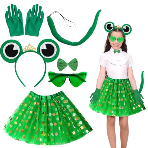 Meemion 6 Stück Frosch Kostüm Set, Froschkostüm für Kinder, mit Frosch Haarreif,Frosch Ohrringe,Handschuhe, grüne Herzbrille,Mädchen Karnevals Kostüm, für Fasching Karneval Motto Party von Meemion