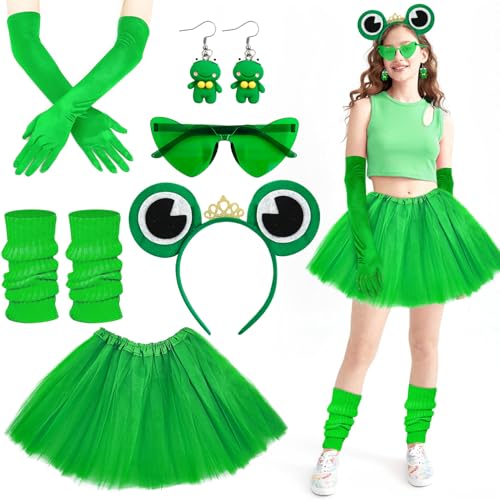 Meemion 6 Stück Frosch Kostüm Set, Frosch Kostüm Erwachsene mit Frosch Haarreif,Frosch Ohrringe,Handschuhe, grüne Herzbrille,Mädchen Karnevals Kostüm, für Fasching Karneval Motto Party von Meemion