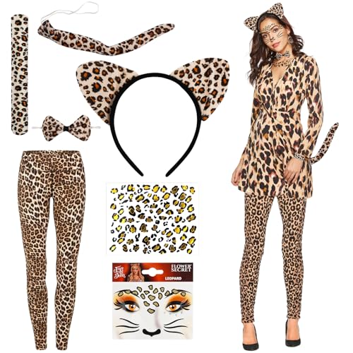 Meemion Leggings Leopard Damen 7 Stück, Leopard Kostüm Frauen mit Leopardenohren Haarreif, Katzenschwanz, Krawatte, Tattoo Aufkleber, Goldene Leggings Damen für Karneval Halloween Motto Party von Meemion