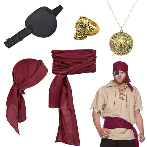 Meemion Piraten Accessoires Set, Mittelalter Piratenkostüm Zubehör Set, Damen Herren Piraten Verkleidung Accessories, Kopftuch Augenklappe Halskette für Fastnacht/Halloween/Mottoparty Cosplay Party von Meemion