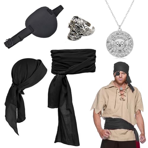 Piraten Accessoires Set, Mittelalter Piratenkostüm Zubehör Set, Damen Herren Piraten Verkleidung Accessories, Kopftuch Augenklappe Halskette für Fastnacht/Halloween/Mottoparty Cosplay Party (schwarz) von Meemion