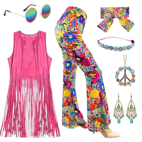 Meenewching 60er 70er Jahre Outfit Damen, Hippie Kostüm Damen Party Outfit mit Fransenweste Schlaghose Hippie Accessoires, Kleidung Bekleidung Outfit Frauen (M) von Meenewching