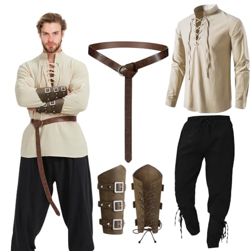 Meenewching Mittelalter Hemd Viking Kostüm Herren - 5 Stück Renaissance Viktorian Herren Mittelalter Kleidung Herren Schnürhemd Herren Lang Mittelalter mit Hose Gürtel Handgelenkgurt Zubehör (M) von Meenewching