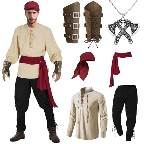 Meenewching Mittelalter Kleidung Herren Set - Piratenkostüm Herren, Wikinger Kleidung Herren, Viking Kostüm Herren mit Mittelalter Hose,Piraten Hemd,Kopftuch, Gürtel,Handgelenkschützer,Halskette(XXXL) von Meenewching