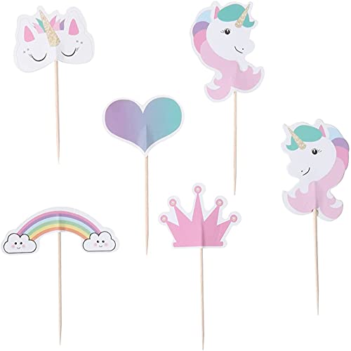 Cake Toppers,Einhorn Tasse Kuchen Toppers 24 Stück Regenbogen Herz Krone Kuchen Cupcake Topper für Kinder Party Geburtstag Party Kuchen Dekoration von Meet-shop