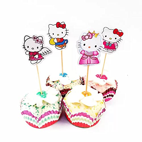 Meet-shop Cake Toppers,Hello Kitty Tasse Kuchen Toppers Zahnstocher Flaggen 24 Stück Kuchen Cupcake Topper für Kinder Baby Party Geburtstag Party Kuchen Dekoration von Meet-shop