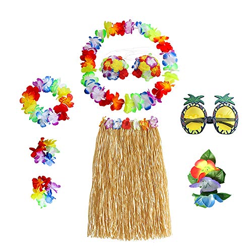 Hawaii Set,Hawaiian Hula Grass Rock Set 8 Stück Hawaii Mottoparty Kostüme mit Halskette Armbänder Stirnband Blume BH Haarspange und Ananas Sonnenbrille für Mädchen Frauen Hawaiian Luau Beach Party von Meet-shop